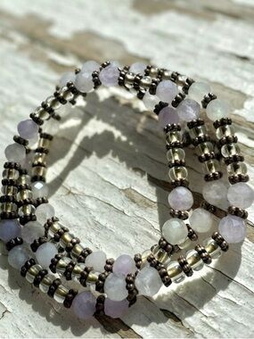 Triple Wrap Lavender Faceted Amethyst & Bronze Tone Beaded Stretchy Bracelet